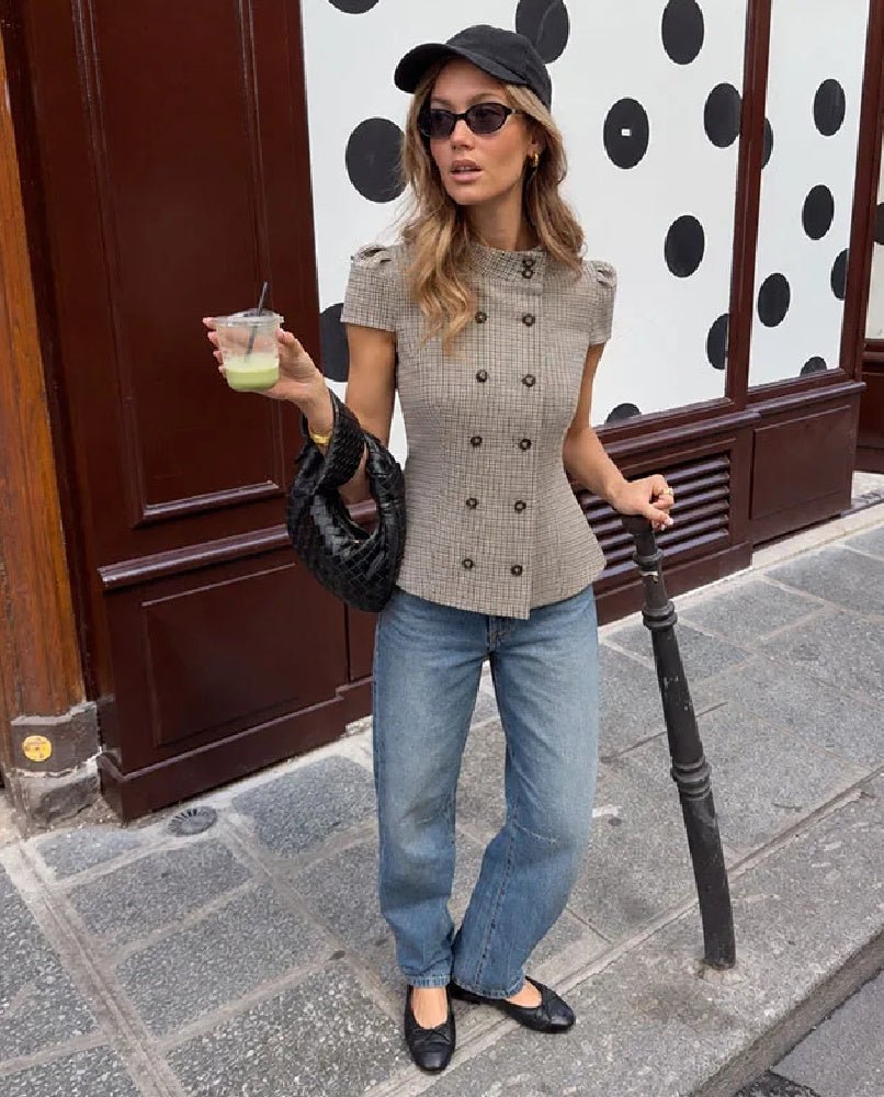 Claudia High Neck Fitted Plaid Blouse
