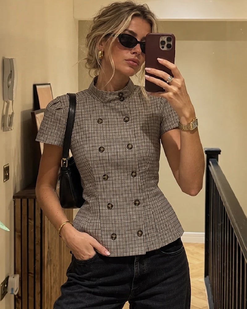 Claudia High Neck Fitted Plaid Blouse