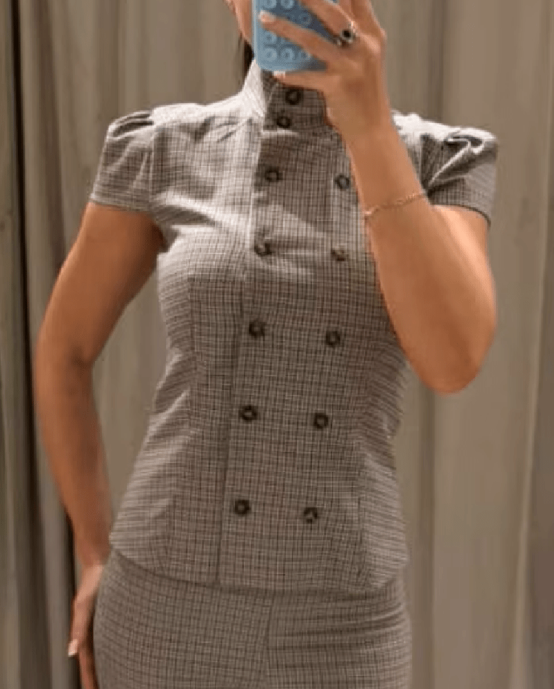 Claudia High Neck Fitted Plaid Blouse