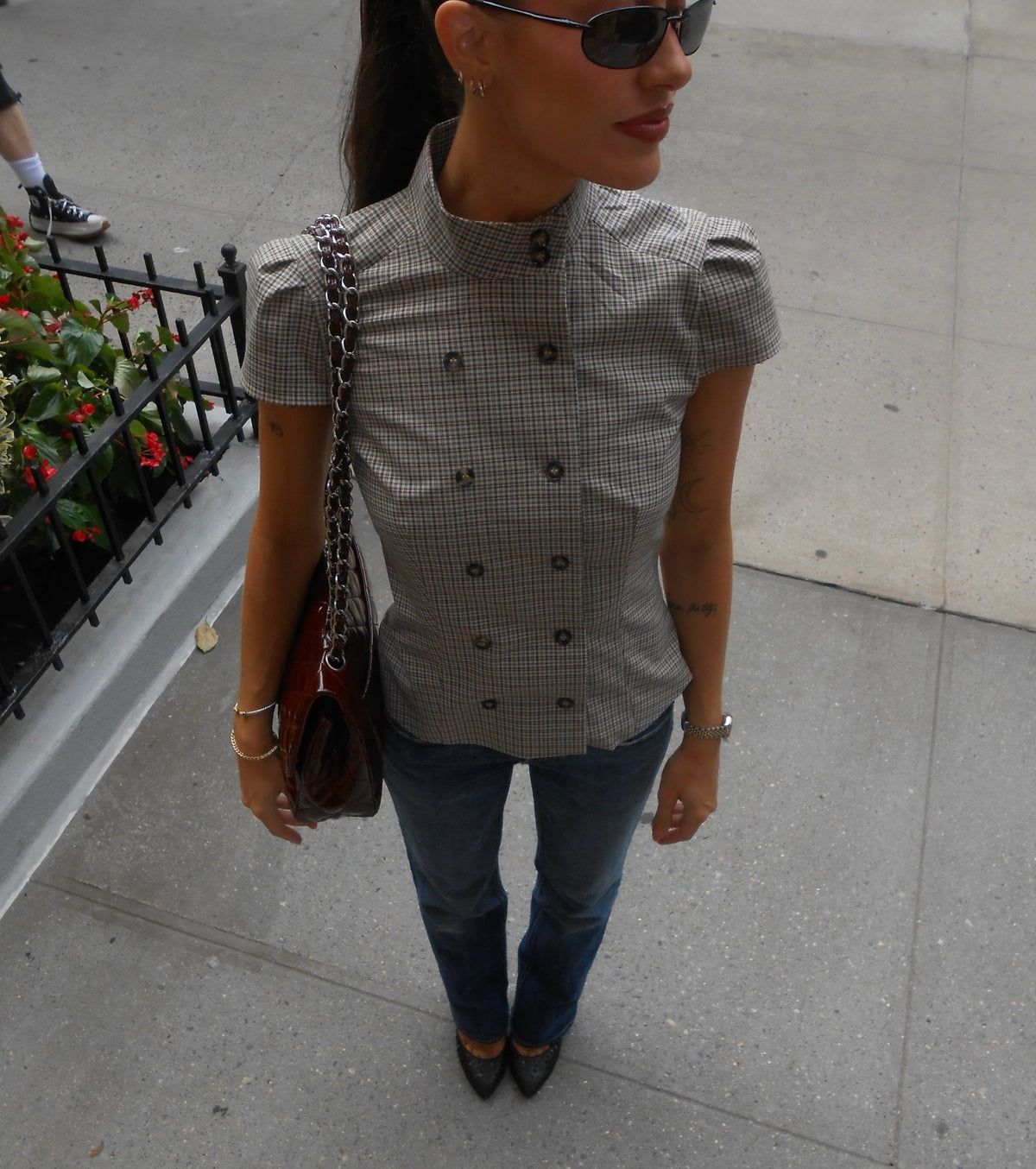 Claudia High Neck Fitted Plaid Blouse