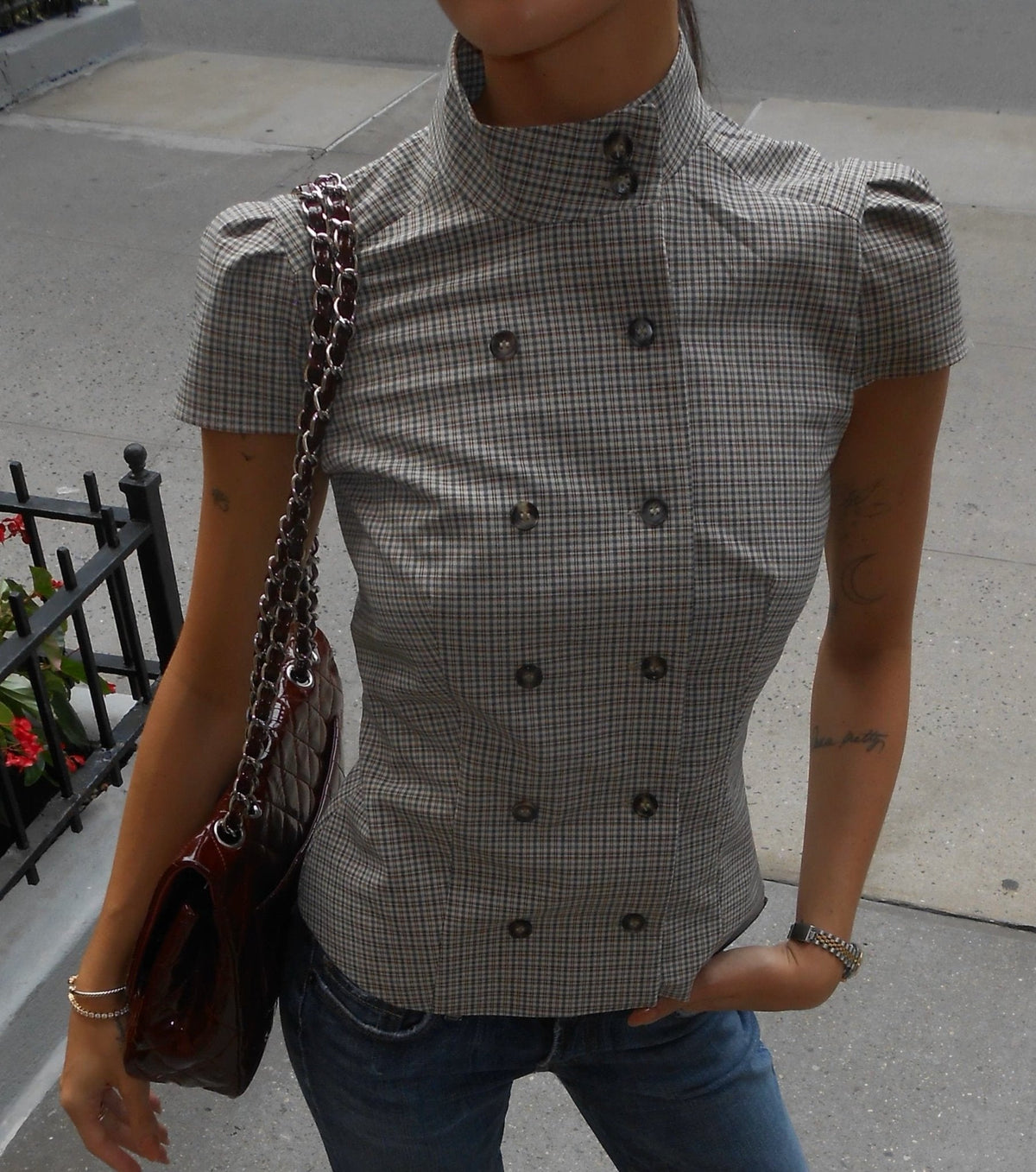 Claudia High Neck Fitted Plaid Blouse