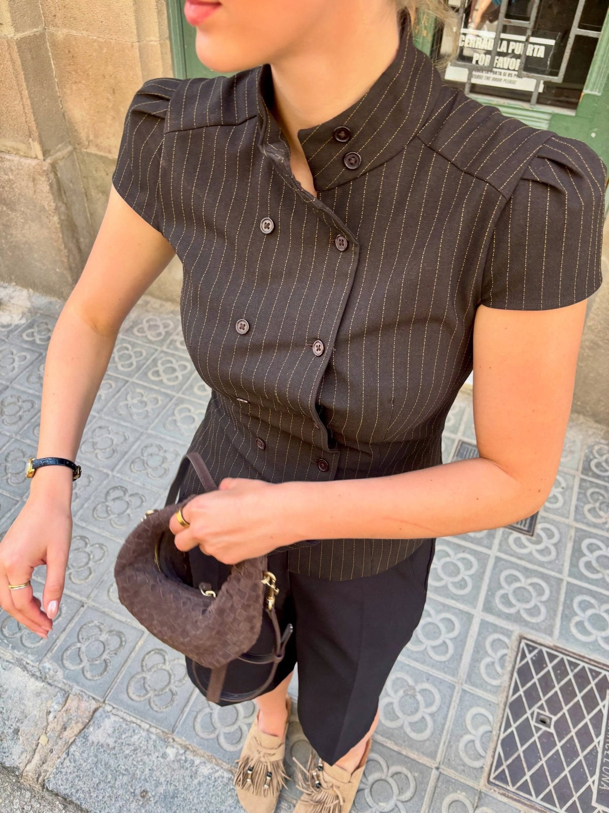 Claudia High Neck Fitted Plaid Blouse