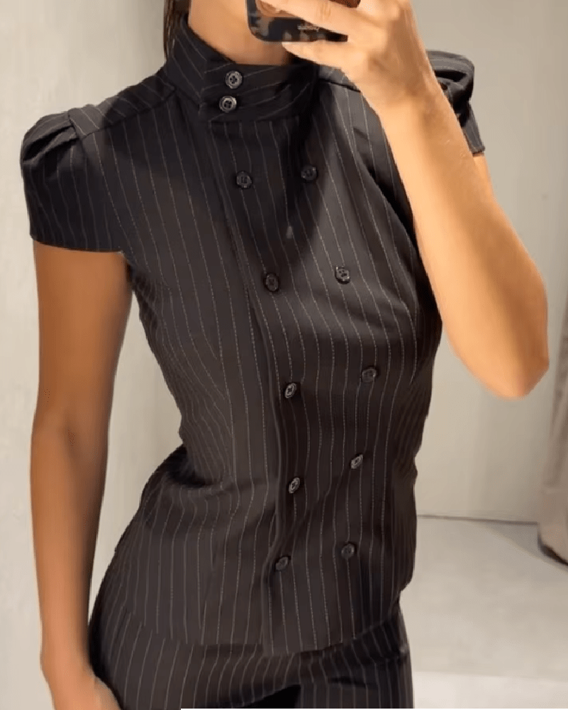 Claudia High Neck Fitted Plaid Blouse