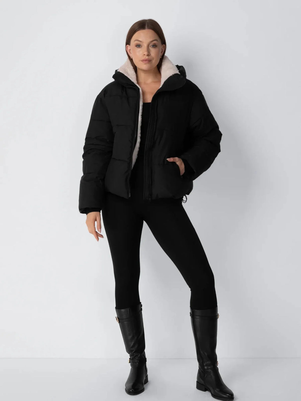 Faux Fur Lined Detachable Hooded Short Puffer Jacket